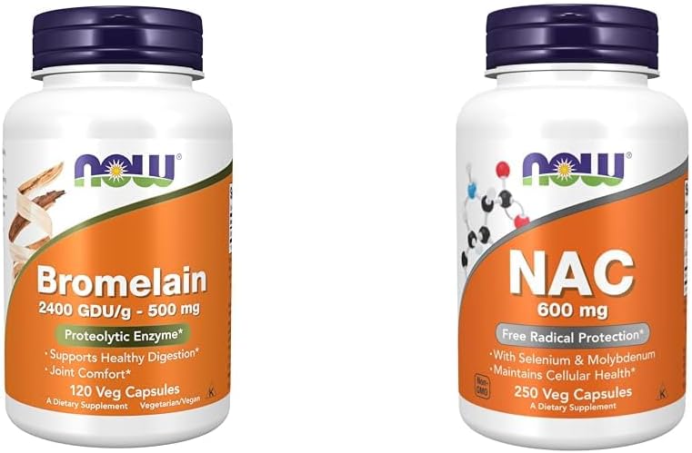 NOW Συμπληρώματα, Bromelain 2.400 GDU/g - 500 mg, Φυσικό Πρωτολυτικό Ένζυμο *, 120 Veg Κάψουλες & Συμπληρώματα, NAC 600 mg με Σελήνιο & Μολυβδαίνιο, 250 Veg Κάψουλες
