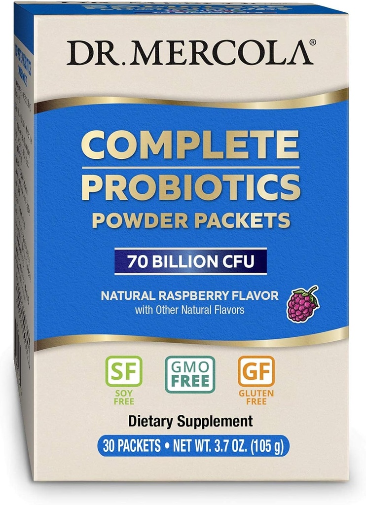 Dr. Mercola Complete Probiotics Powder Packets, 30 Services (30 Packets), 70 Billion CFU, Natural Raspberry Flavor, Συμπλήρωμα διατροφής, Digestive & Immune Support, Non-GMO