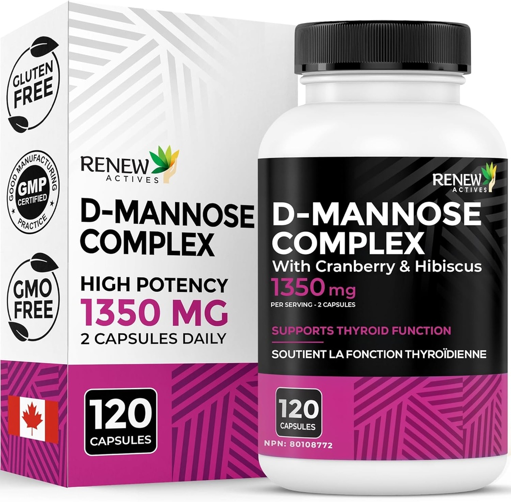 Renew Actives High Potency D-Mannose & Cranberry Complex 1000MG ανά 2 κάψουλες – με εκχύλισμα Hibiscus & Dandelion – Αντιοξειδωτικό Μείγμα – Δεν υπάρχουν τεχνητές γεύσεις - Κατασκευάζεται στον Καναδά - 120 κάψουλες