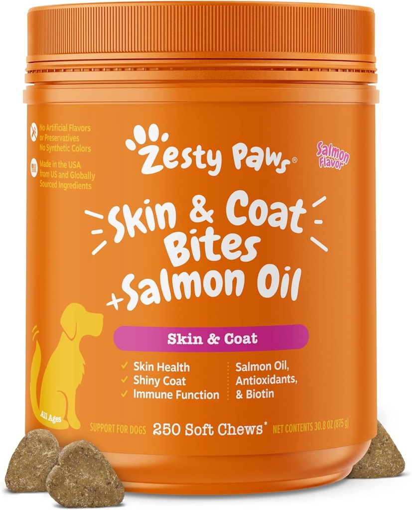 Zesty Paws Salmon Oil for Dogs Skin and Coat, Omega 3 τσίχλες ιχθυέλαιο, Αλλεργία ανακούφισης σκύλου μάσημα, Itch συμπλήρωμα ανακούφισης, 250 Count, Salmon Γεύση
