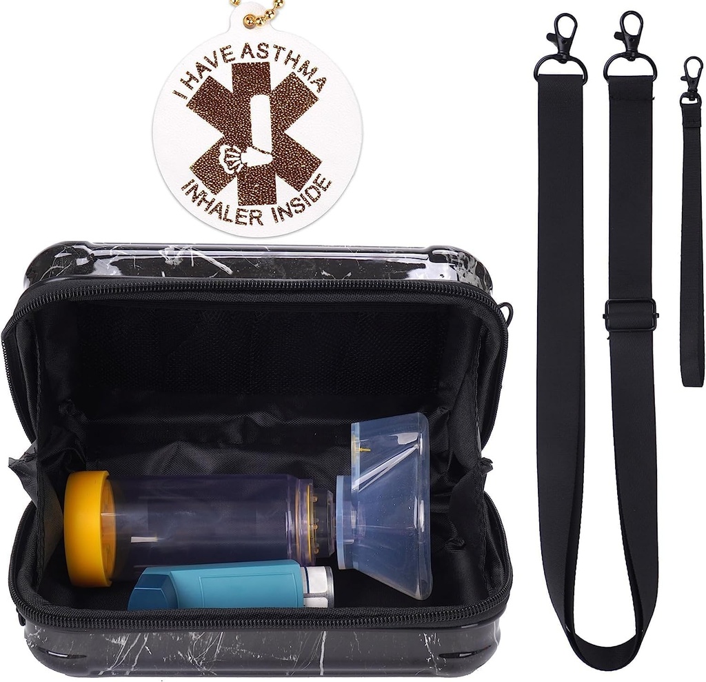 MGZNMTY Travel Carrying Case for Asthma Inhaler, Inhaler Spacer for Kids and Adults, Μάσκες, Σακούλα με Σχοινάκι ώμου σταυρωτό σώμα και Mesh Pocket για την ιατρική (Μόνο περίπτωση) (Μαύρο μάρμαρο)