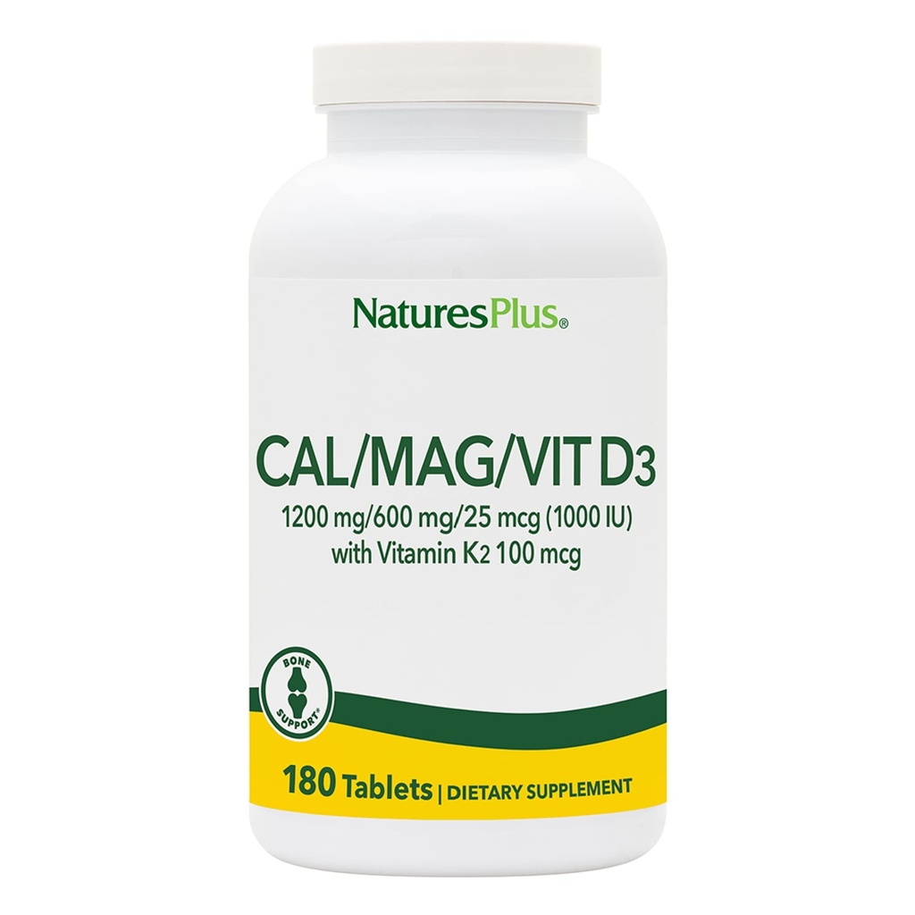 NaturesPlus Ασβέστιο/Μαγνήσιο/Βιταμίνη D3 με βιταμίνη K2 - Υποστηρίζει την υγεία των οστών και του ανοσοποιητικού - χορτοφαγικά, χωρίς γλουτένη - 180 δισκία - 45 εξυπηρετήσεις