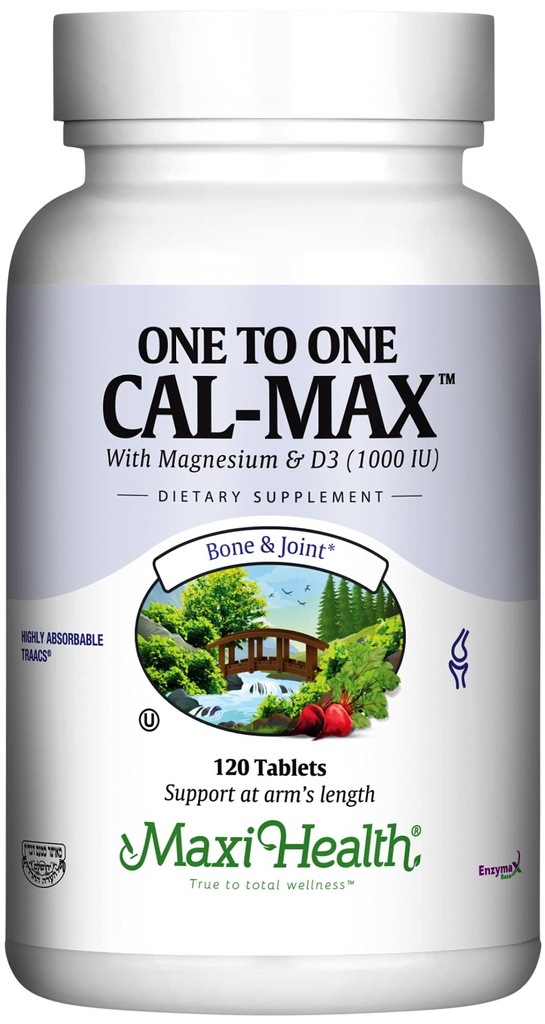 500 mg Συμπλήρωμα ασβεστίου με Βιταμίνη D3 (1000 IU) και Μαγνήσιο (500 mg) - Οστέινο, Δόντια και Κοινή Υποστήριξη για Άνδρες και Γυναίκες - 120 δισκία - One to One Cal- Max by Maxi Health