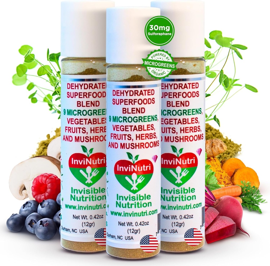 InviNutri Superfood Picky Eaters – Unflavoured, Sensory-Friendly – 40x Nutrient-Rich, 30mg Sulforafane – Organic Microgreens, Fruits & Veggies – Blends Invisibly Into Most Meals - 72 Serv.