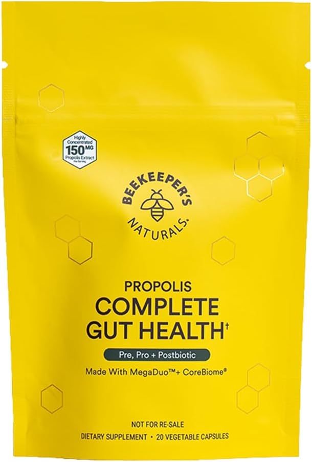 Beekeeper's Naturals Complete Gut Health, 3-in-1 Prebiotic, Postbiotic, Probiotics for Digestive Health & Bloating Relief for Women & Men, Propolis Powered, Gluten-free Vegan Caps, 20ct