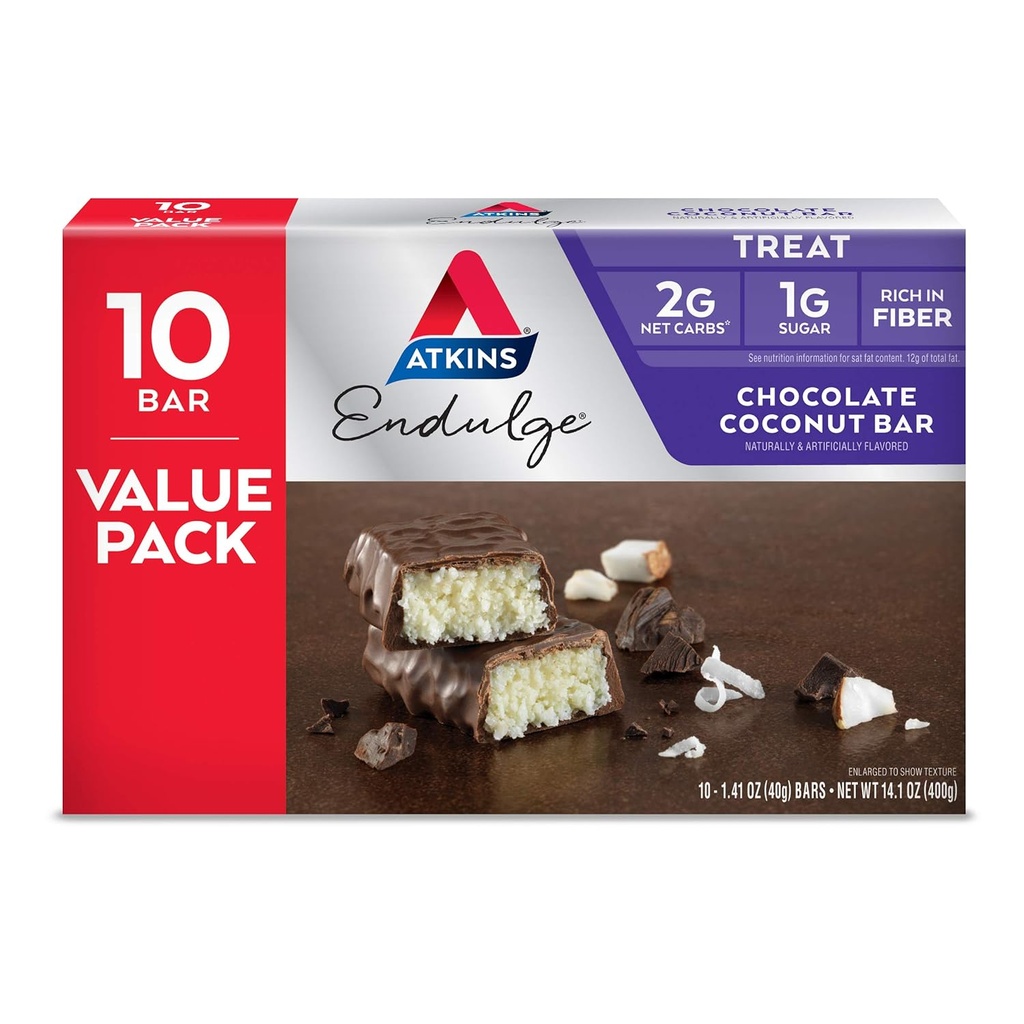 Atkins Endulge Σοκολάτα Coconut Bar, Επιδόρπιο Αγαπημένο, Υψηλή σε Fiber, 1g Ζάχαρη, 10 Count