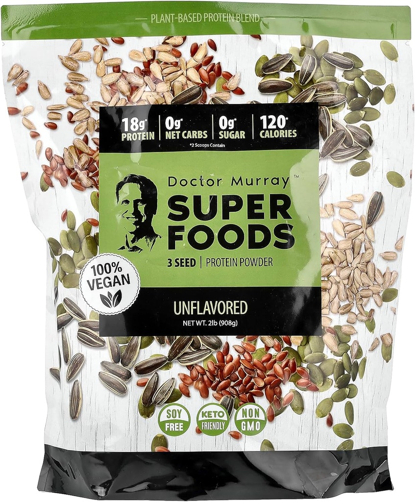 Dr. Murray's Super Foods, 3 Σπόροι σε σκόνη πρωτεΐνης, κολοκύθα + flax + ηλίανθος, Άγευστα, 2 lb (908 g)