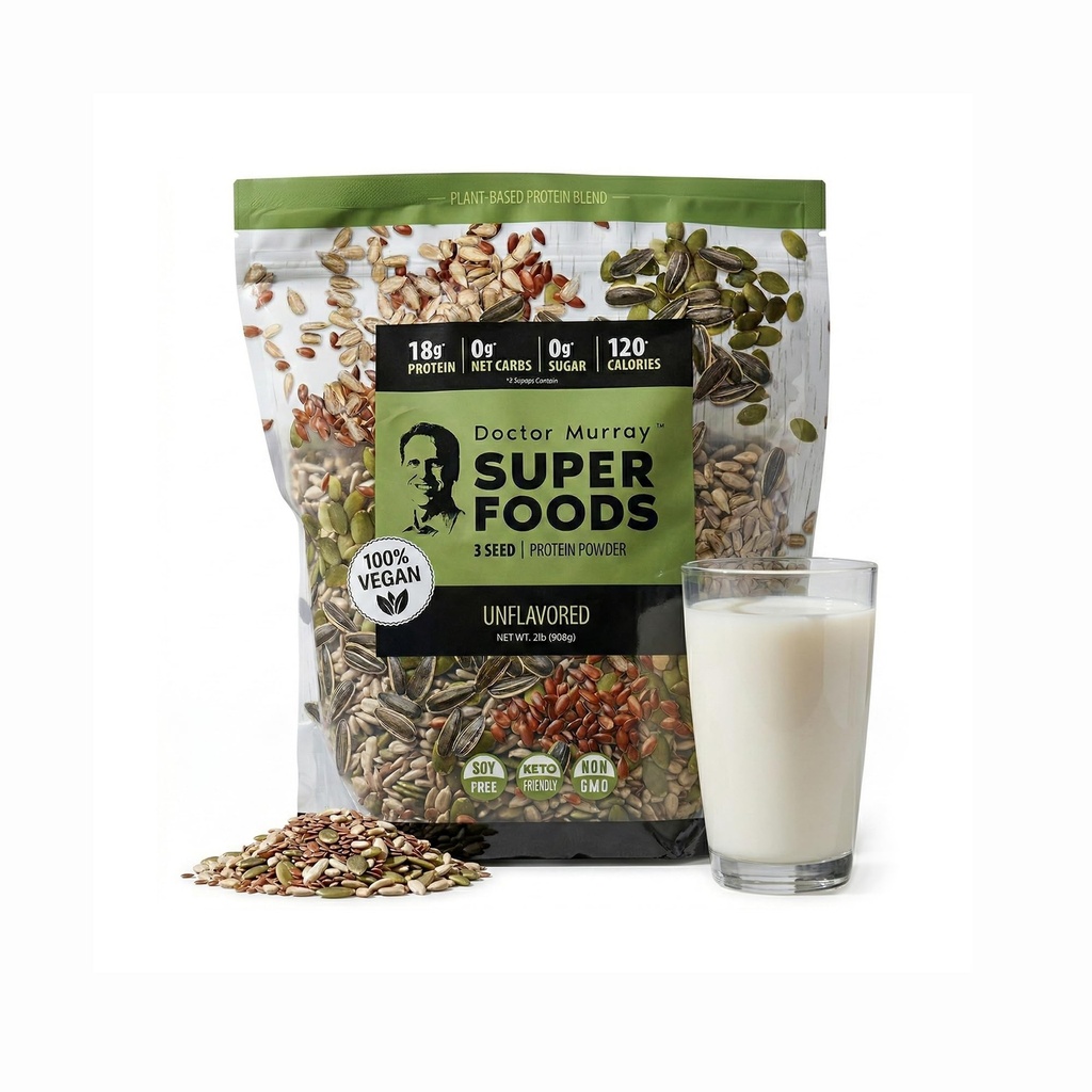 Dr. Murray's Super Foods, 3 Σπόροι σε σκόνη πρωτεΐνης, κολοκύθα + flax + ηλίανθος, Άγευστα, 2 lb (908 g)