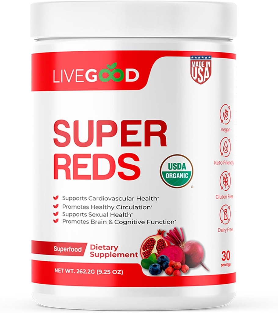 LIVEGOODTM Βιολογικά Super Reds με Alfalfa, Barley Grass, Beet Root, Ρόδι, Σπόροι σταφυλιού, Vegan, Gluten Free, 9,25 Oz