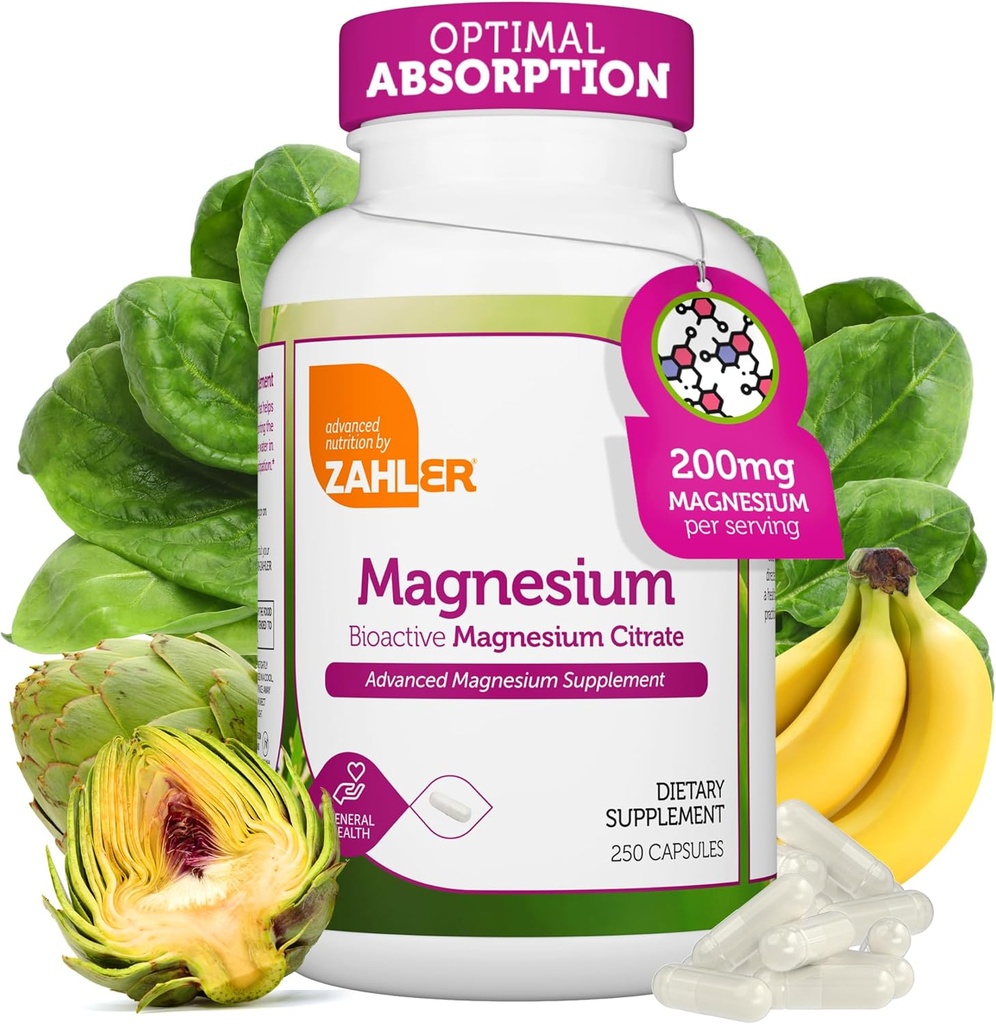 Zahler - Μαγνήσιο Συμπληρώματα κάψουλες 200 mg (250 Count) Certified Kosher Bioactive Magnesium Citrate for Max Absorption - Φυσικό Μαγνήσιο Ορυκτό για άνδρες & γυναίκες - Best Magnesium Συμπληρώματα