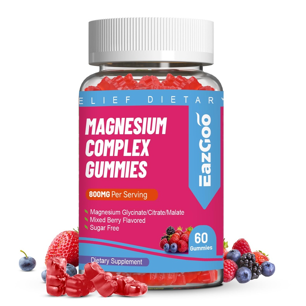 Μαγνήσιο Gummys 800mg - Βιταμίνη D3, C, B6, B12 & σύμπλοκο ψευδαργύρου με γλυκινικό μαγνήσιο, κιτρικό & μηλεϊνικό, Μαγνήσιο Complex Gummies για τους μυς, Mood & Energy, Vegan 60 Counts