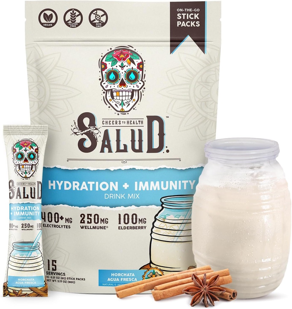 Salud 2-in-1 Hydration Packets + Immunity Electrolytes Powder, Horchata - Agua Fresca Drink Mix, Elderberry, Dairy & Soy Free, Non-GMO, Gluten Free, Vegan, Low Calorie, 1g Sugar (15 Servings)