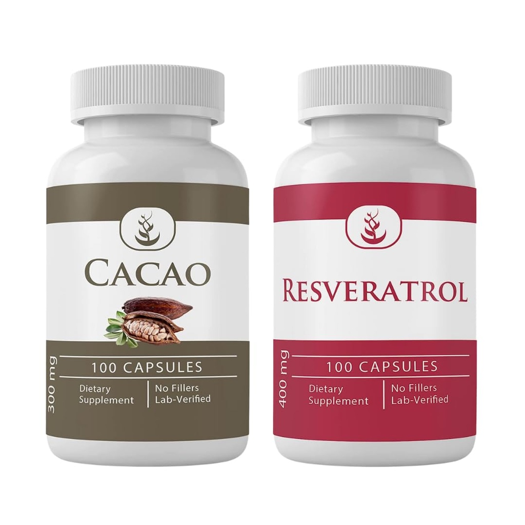 PURE Αρχική ΣΥΣΤΑΤΙΚΑ Cacao & Resveratrol Capulse (100 κάψουλες το καθένα), Δεν Πρόσθετα ή πληρωτικά, Εργαστήριο Επαληθευμένο