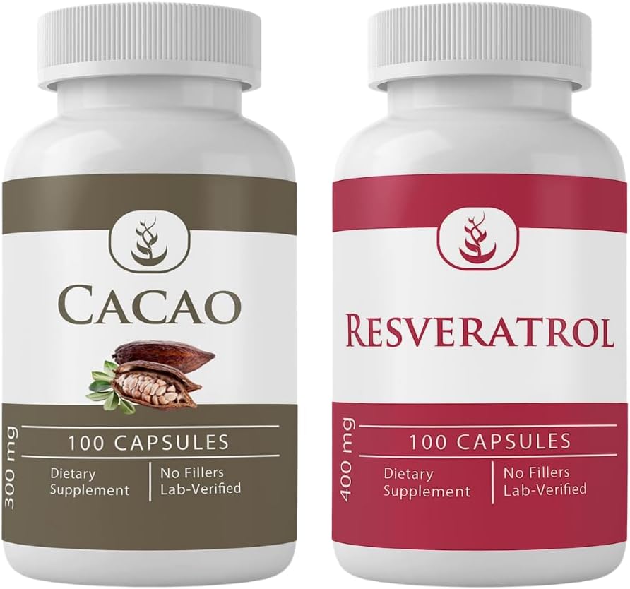 PURE Αρχική ΣΥΣΤΑΤΙΚΑ Cacao & Resveratrol Capulse (100 κάψουλες το καθένα), Δεν Πρόσθετα ή πληρωτικά, Εργαστήριο Επαληθευμένο