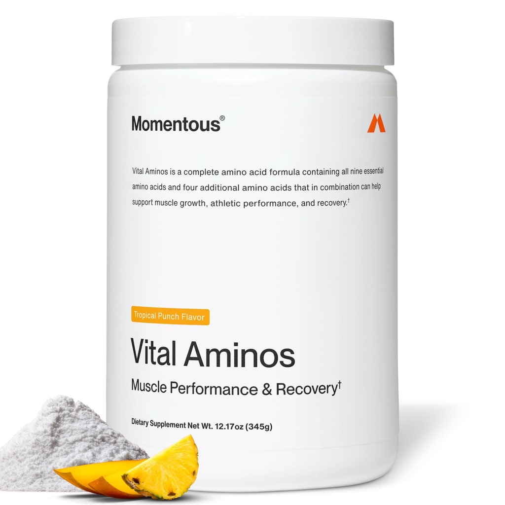 Momentous Vital Aminos Powder Supplement - BCAA & EAA - Tropical Punch - NSF Certified for Sport - GMO- & Gluten-Free - 30 Σερβιέτες - Πακέτο Μαΐου Βάρυ