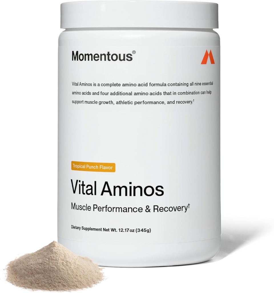 Momentous Vital Aminos Powder Supplement - BCAA & EAA - Tropical Punch - NSF Certified for Sport - GMO- & Gluten-Free - 30 Σερβιέτες - Πακέτο Μαΐου Βάρυ