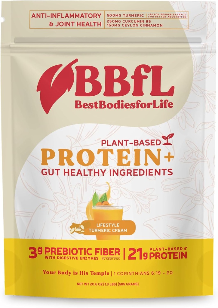 BBfL Πρωτεΐνη με βάση το φυτό Shake – 21g Πρωτεΐνη Vegan, Turmeric + Κουρκουμίνη 95 + Κεϋλάνη Κανέλα, Πρεβιοτικά, Digestive Ένζυμα, Υποστηρίζει Φλεγμονώδη Ανταπόκριση – Όλα-σε-ένα Shake (15 σερβιρίσματα, κρέμα Turmeric)