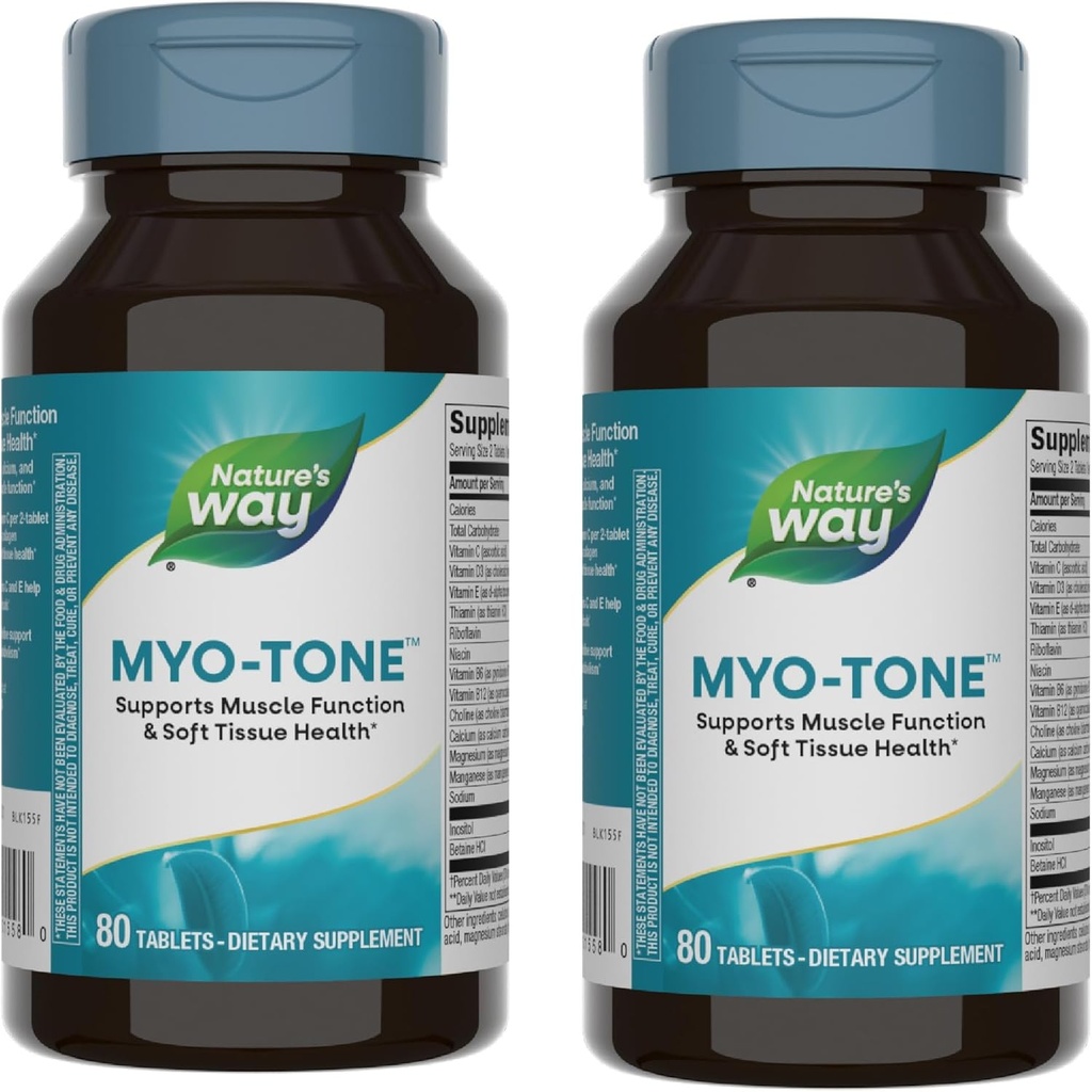 Nature's Way Myo-Tone - Μυϊκή Λειτουργία & Μαλακός Ιστός Υγεία* - Με Μαγνήσιο, Βιταμίνες & Β Βιταμίνες – Χωρίς γλουτένη & Χορτοφαγικά - 80 δισκία (2 Συσκευασία)