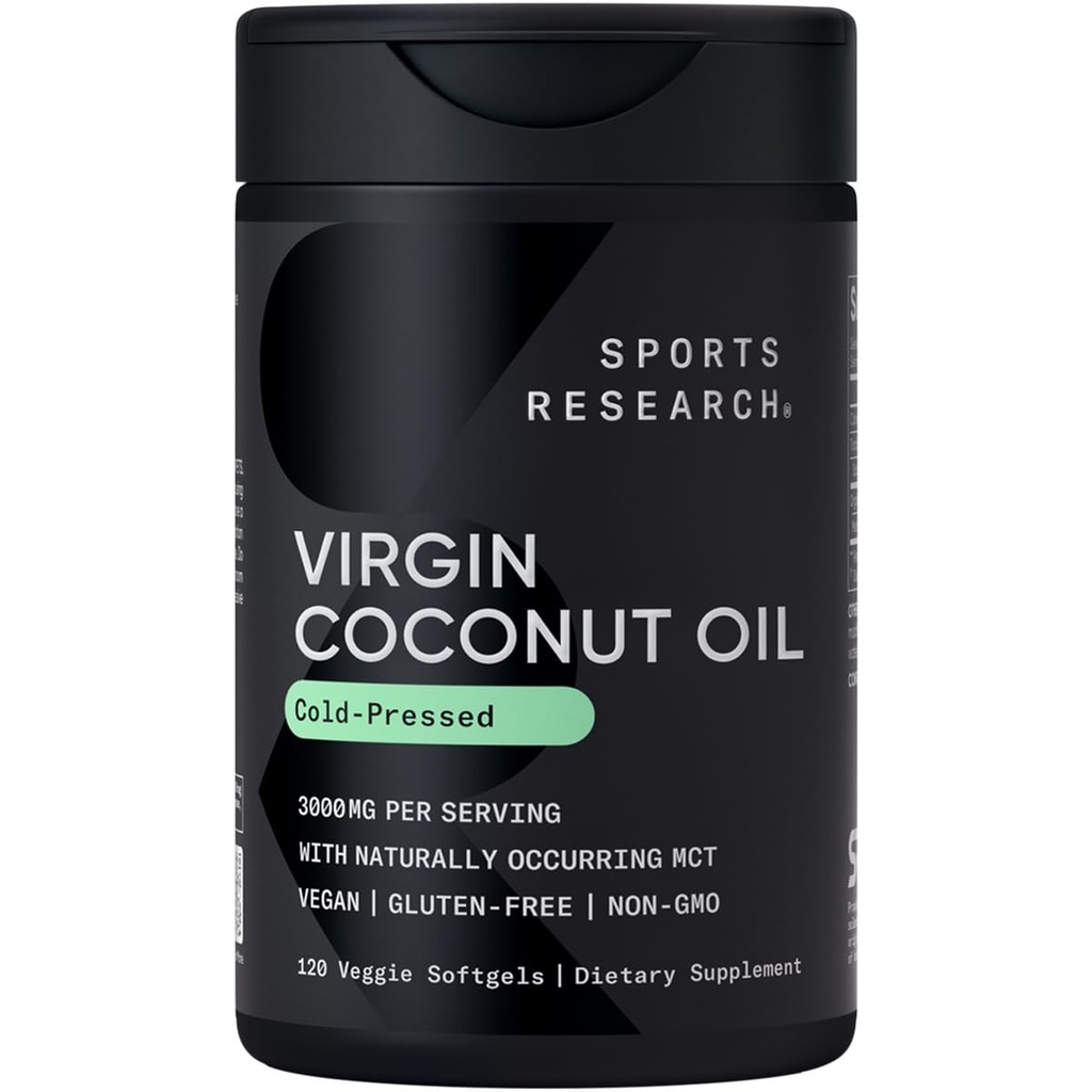 Sports Research® Organic Coconut Oil Capsules 3000MG - Κρύο Πιέζεται Extra Virgin Coconut Oil με Μεσαία Αλυσίδα Τριγλυκερίδια - Vegan Friendly & Non-GMO Επαληθευμένο - 120 Softgels