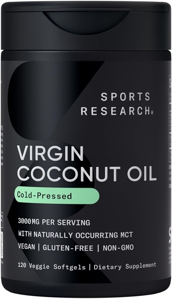 Sports Research® Organic Coconut Oil Capsules 3000MG - Κρύο Πιέζεται Extra Virgin Coconut Oil με Μεσαία Αλυσίδα Τριγλυκερίδια - Vegan Friendly & Non-GMO Επαληθευμένο - 120 Softgels