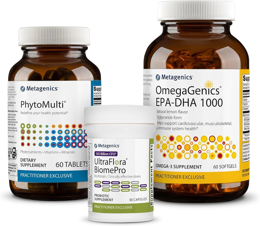 Metagenics PhytoMulti - 60 Tablets, OmegaGenics EPA-DHA 1000-60 Softgels, and UltraFlora BiomePro - 30 Capsules