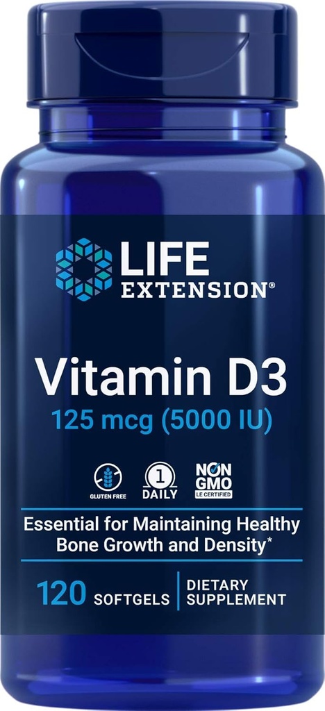 Επέκταση ζωής Βιταμίνη D3 5000 IU, 120 Softgels, 125mcg