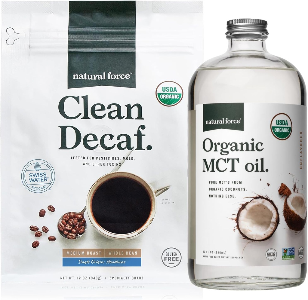 Natural Force Organic Clean Decaf Coffee+ Organic MCT Oil Bundle – 100% Καθαρή καρύδα MCTs & Μούχλα & Μυκοτοξίνη Δωρεάν καφέ – Μη ΓΤΟ, Κέτο, Παλαιό, και Vegan - 12 Oz και 32 Oz