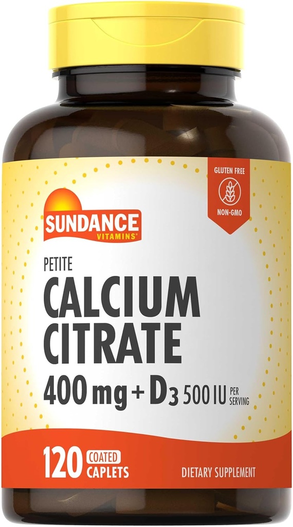 Sundance Calcium Citrate with Vitamin D3 | 400 mg | 120 Caplets | Petite | Vegetarian, Non-GMO & Gluten Free Supplement