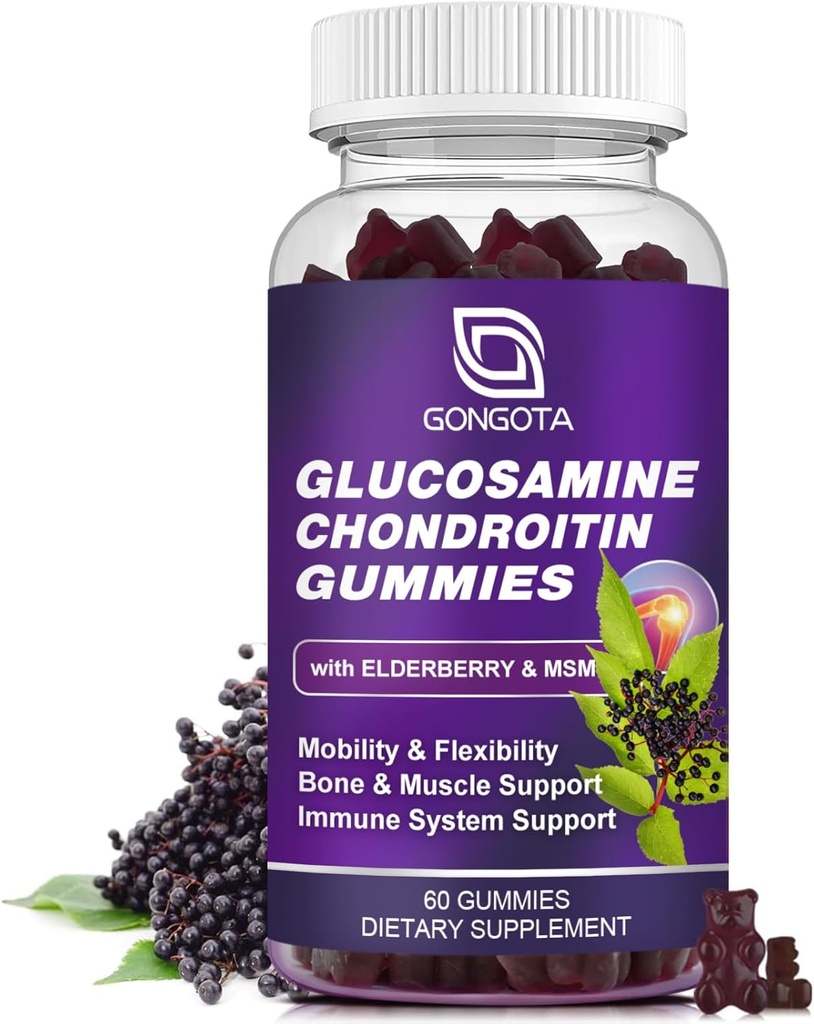 Glucosamine Chondroitin Gummies - 2- Pack, Extra Strength 1500mg Γλυκοσαμίνη με MSM & Elderberry, Υποστήριξη Ευελιξίας, Best Cartilage & ανοσοποιητικό συμπλήρωμα υποστήριξης για άνδρες και γυναίκες - 60 εκ. (1 Pack)