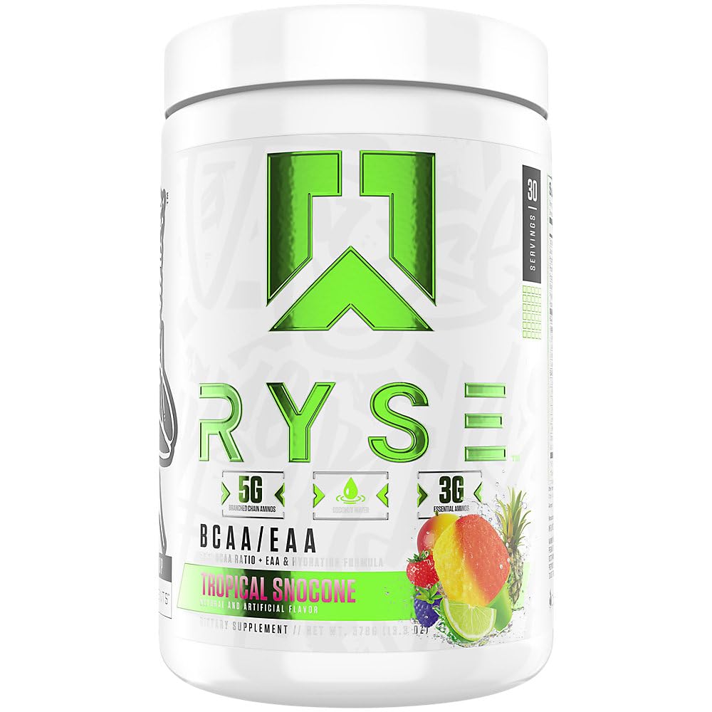 RYSE BCAA EAA Powder - Tropical Snocone - 5g Διακλαδισμένης Αλυσίδας Αμινοξέα, 3g Essential Aminos, Sugar-free ηλεκτρολύτες για την αποκατάσταση των μυών, την αντοχή, την ενυδάτωση και τη δύναμη - 30 εξυπηρετήσεις