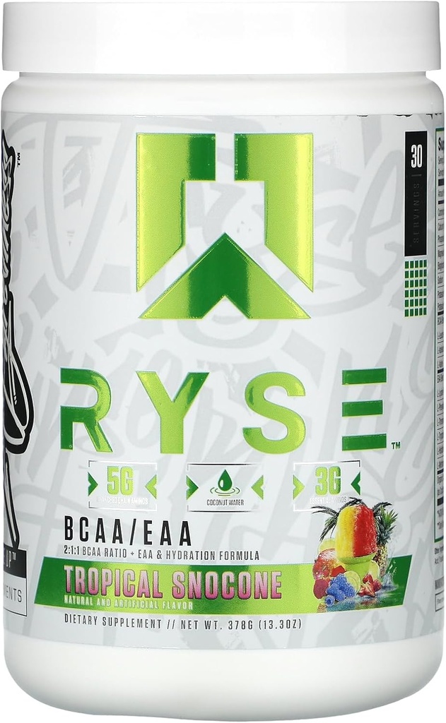 RYSE BCAA EAA Powder - Tropical Snocone - 5g Branched Chain Amino Acids, 3g Essential Aminos, Sugar-Free Electrolytes for Muscle Recovery, Endurance, Hydration and Strength - 30 Servings