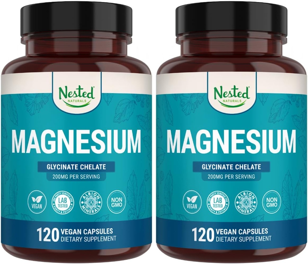 Nested Naturals Magnesium Glycinate Chelate - 200mg Chelated Magnesium Supplement for Muscle Cramps, Relaxation, & Sleep Support - 100% Albion TRACCS Buffered Magnesium Glycinate - 240 Vegan Capsules