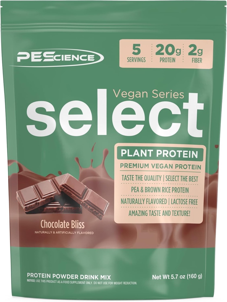 PEScience Select Vegan Protein Powder, Plant Based Protein Powder, Amazing Taste, Smooth Texture, Pea and Brown Rice Blend, Dairy Free, Lactose Free, Gluten Free - Chocolate Bliss, 5 Servings