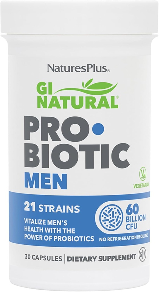 Natures Plus GI Natural Probiotic Men - 30 Capsules - Digestive & Prostate Health, Immune Strength - Includes Saw Palmetto - Gluten Free - 30 Servings