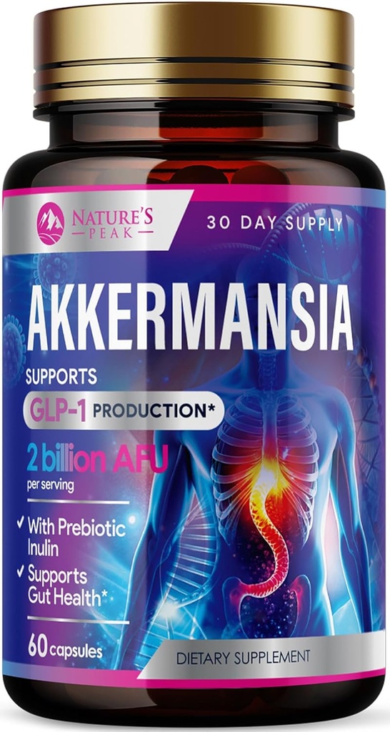 Akkermansia Probiotic Supplement - 2 δισεκατομμύρια AFU GLP-1 συμπλήρωμα με προβιοτικές ίνες - Akkermansia Muciniphila GLP-1 Probiotics για γυναίκες & άνδρες - Digestive, Gut & ανοσοποιητική υποστήριξη - 60 κάψουλες