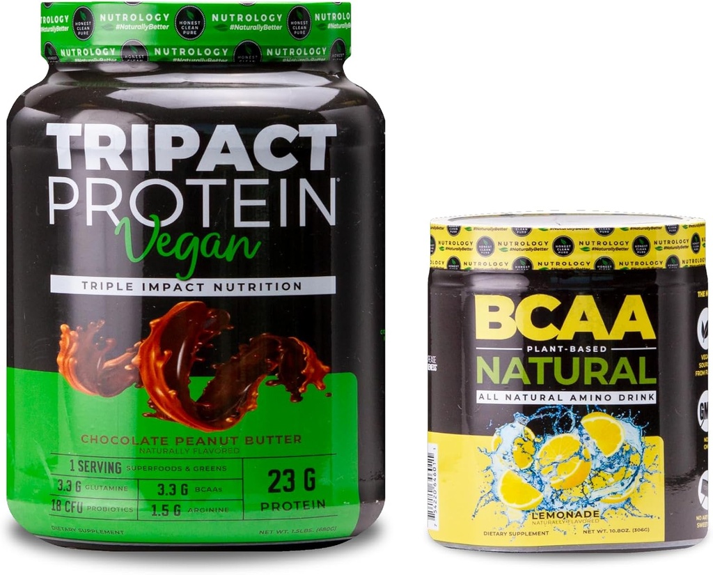 Nutrology TRIPACT Vegan Protein Powder, για Vegan Protein Shakes, Σοκολάτα Φυστικοβούτυρο (20 μερίδες) BCAA Natural, Plant Based BCAA Powder, Λεμονάδα Γεύση (30 μερίδες)