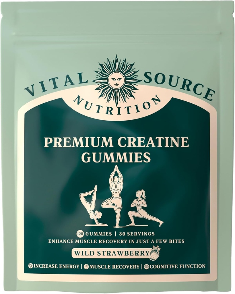 Ζωτική Διατροφή Πηγής - Premium Gummies Creatine - μυϊκή ανάπτυξη, την ανάκτηση & την ενεργειακή υποστήριξη - 5g Creatine Monohydrate - Vegan, Gluten-free & Hanal - Άγρια Φράουλα - 120 Gummies - 30 εξυπηρετούν