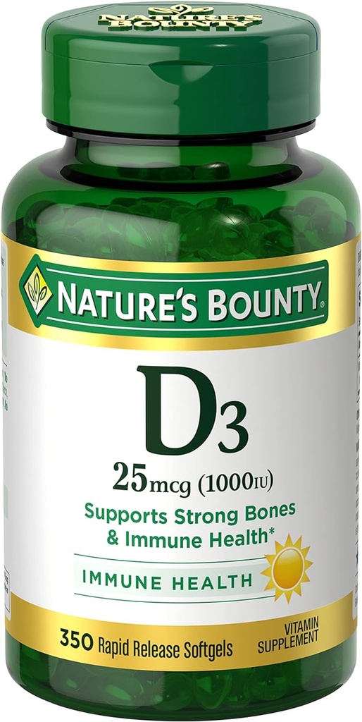 Nature's Bounty Vitamin D3 1000 IU Softgels, Immune Support, Promotes Healthy Bones, 1 Softgel per Day, Gluten Free, 350 Count