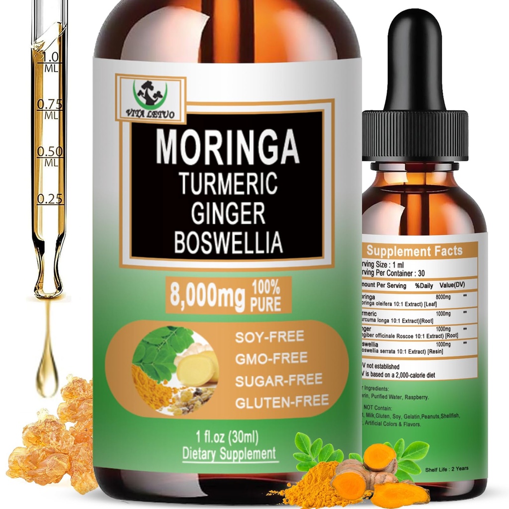 Moringa Drops - Organic Moringa Leaf Extract Liquid with Turmeric Ginger Boswellia for Energy, Skin Health, Gut Health - Υψηλή απορρόφηση Πράσινο Superfood w/Essential Vitamins & Amino Acids