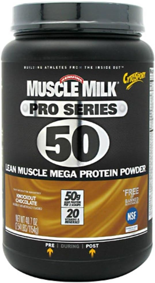 Muscle Milk Pro Series Συμπλήρωμα πρωτεΐνης σκόνης, Knockout σοκολάτα, 2.54 Λίρες, 14 Σερβίρει, 50g πρωτεΐνη, 3g ζάχαρη, 20 βιταμίνες & ορυκτά, NSF Certified for Sport, Συσκευασία Μαΐου Vary