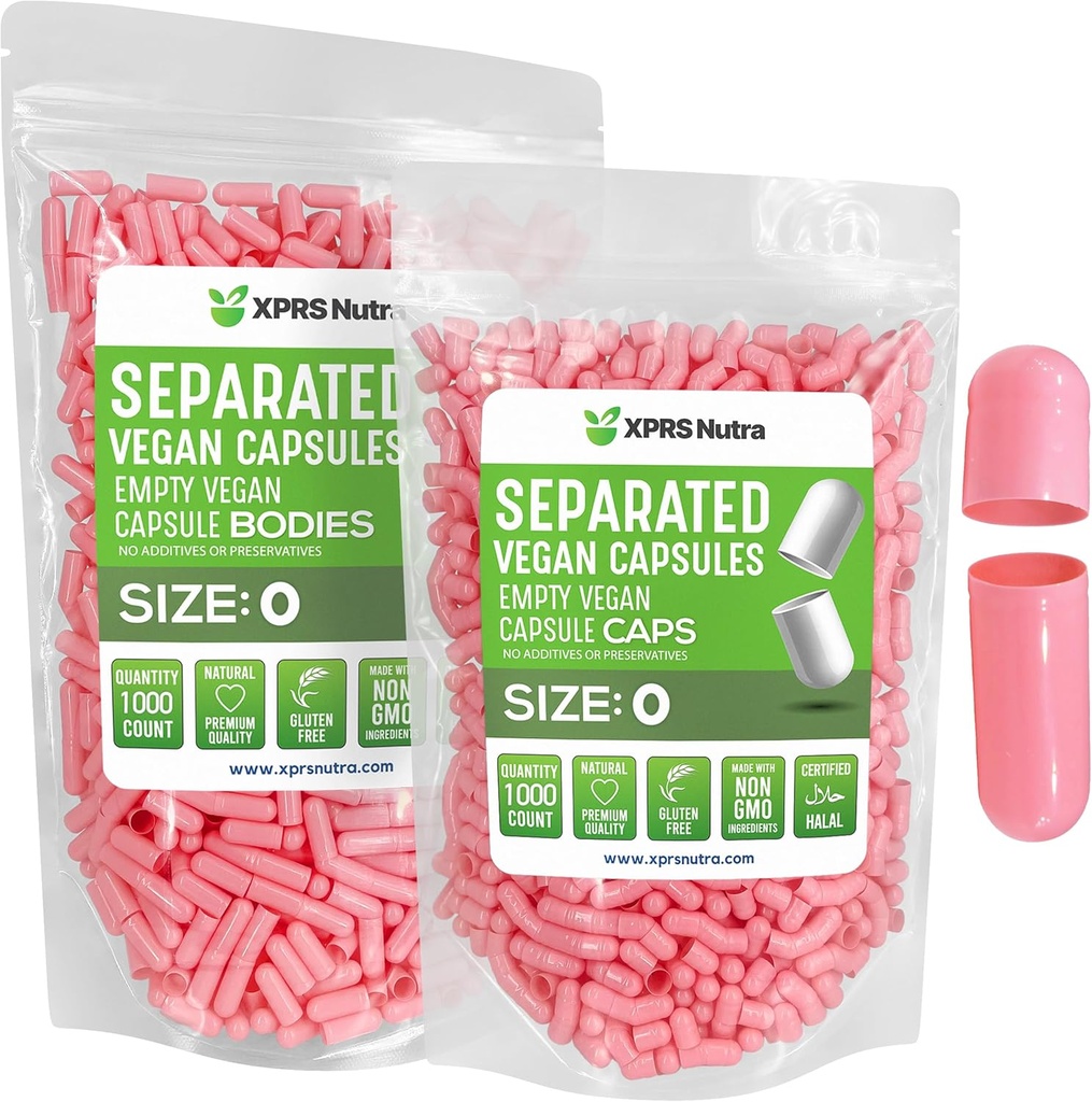 XPRS Nutra Vegan Μέγεθος 0 Χωριστές κάψουλες - 1000 Count Premium Άδειες κάψουλες χωρίζονται σε τσάντες - 0 Χάπια για συμπλήρωση συμπλήρωμα DIY (Pink)