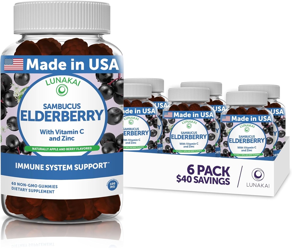 Lunakai Sambucus Elderberry Gummies με ψευδάργυρο & βιταμίνη C για ενήλικες & παιδιά - 100mg Black Elderberry Vitamins Immune Support Sup - Vegan, Non-GMO, No Corn Syrup - 6 Pack