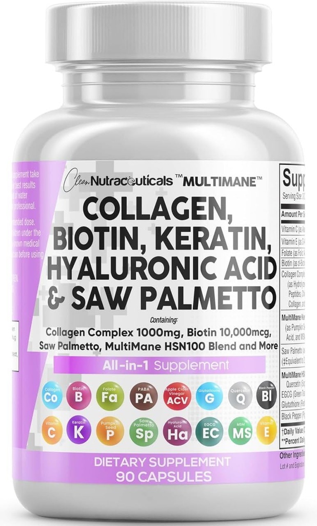Καθαρά χάπια κολλαγόνου 1000mg Biotin 10000mcg Keratin Saw Palmetto Hyaluronic Acid - Δέρμα μαλλιών & νύχια Βιταμίνες & DHT Blocker με βιταμίνη Ε Folic Acid Pumpkin Seed MSM - 90 Count