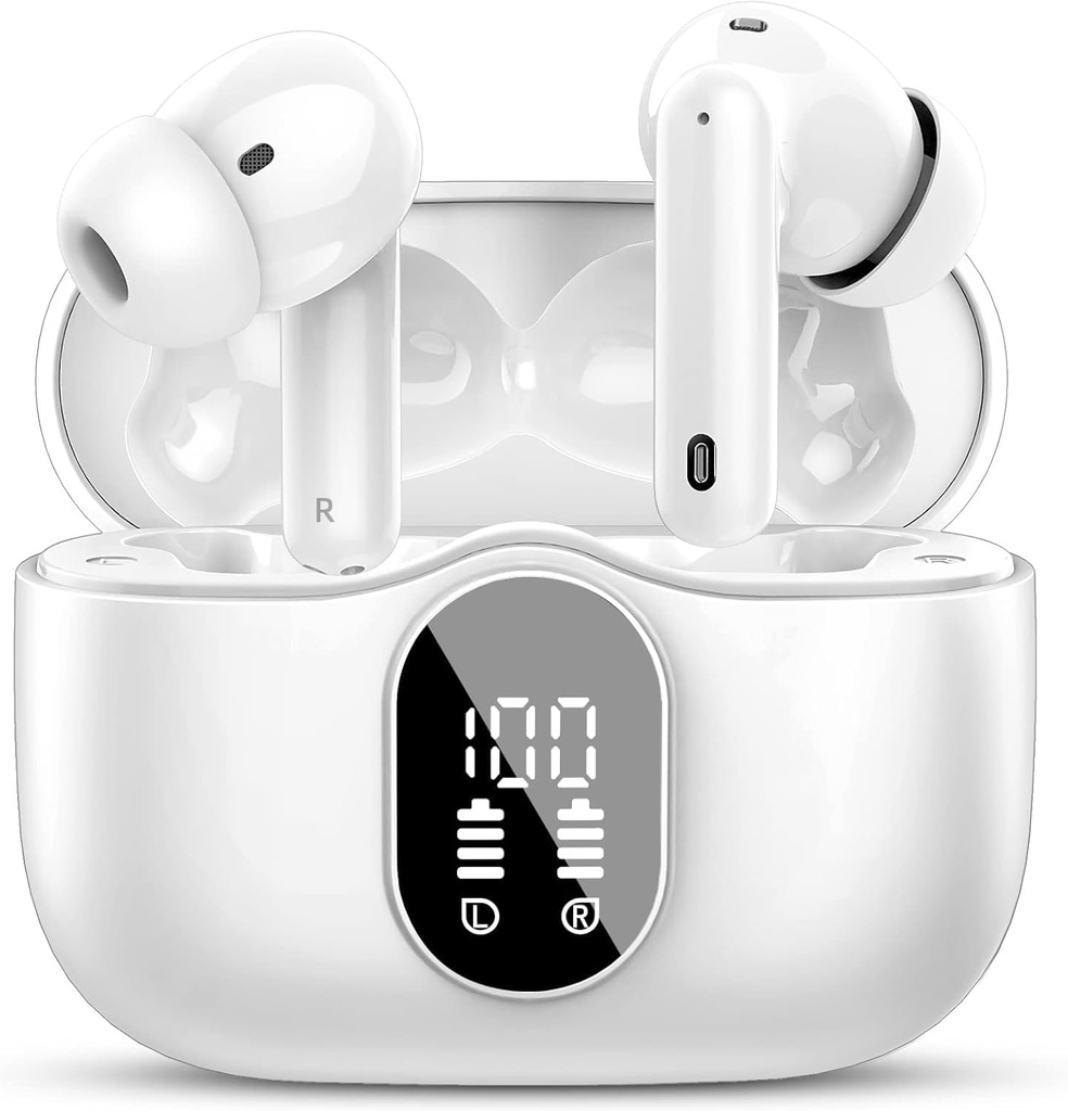 Btootos Wireless Earbuds Bluetooth 5.4 Headphones Bass Stereo Ear Buds with Noise Cancelling Mic LED Display in Ear Earphones IP7 Waterproof 36H Playtime for Laptop Pad Phones Sports Workout White