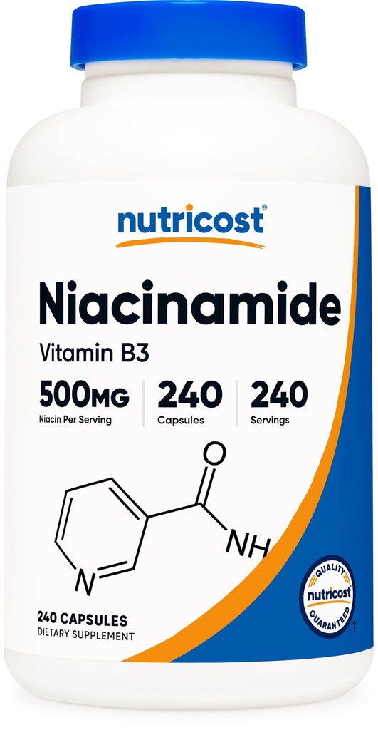Nutricost Niacinamide (Vitamin B3) 500mg, 240 Κάψουλες - Μη ΓΤΟ, Χωρίς γλουτένη, Χωρίς Flush Βιταμίνη B3