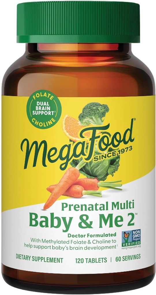 MegaFood Baby & Me 2 Προγεννητική Βιταμίνη και Ορυκτά - Βιταμίνες για τις γυναίκες - με Folate (Folic Acid Natural Form), Χολίνη, σίδηρο, ιώδιο, και βιταμίνη C, βιταμίνη D και περισσότερα - 120 Tabs (60 Servings)