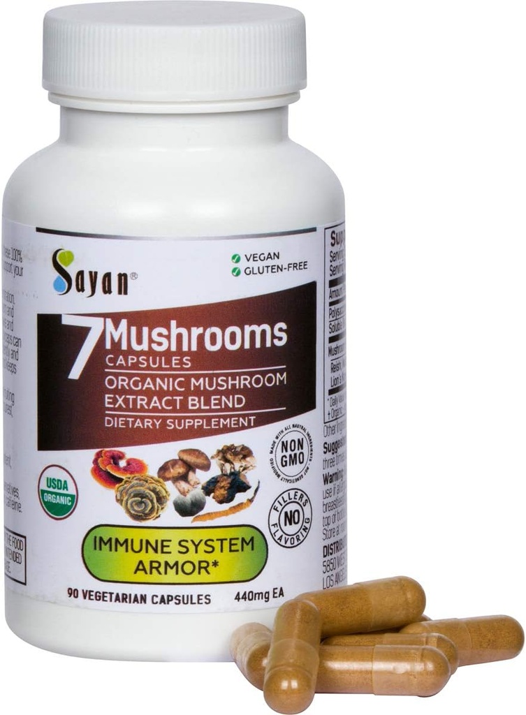 Sayan 7 Mushroom Extract 90 κάψουλες/440mg ea – Ανοσολογική Υποστήριξη & Ενέργεια – Βιολογικό Τσάγκα, Reishi, Mane του Λέοντος, Maketake, Shiitake, Τουρκία Tail Adaptogen Blend – Vegan, Non-GMO, No Fillers or Πρόσθετα