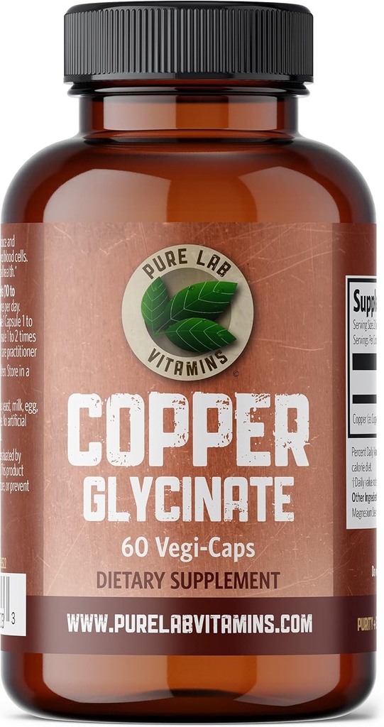 Pure Lab Vitamins Copper Glycinate Mineral Supplement -1 mg - 60 Vegan Caps Essential for Collagen Production, Supports Immune System & Red Blood Cell Formation - Χωρίς γλουτένη Made in Canada