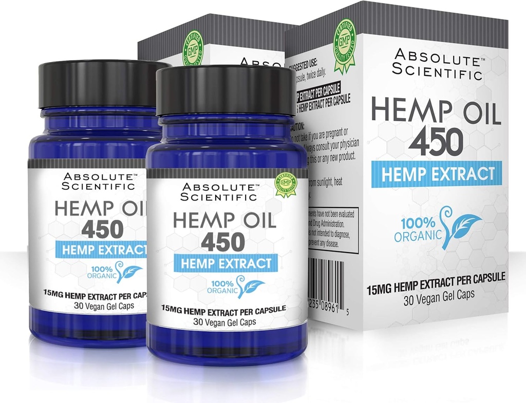 Absolute Nutrition - Hemp Oil 450 Capsules 2 Pack 60ct - 100% Organic Hemp Capsules - Rich in Omega Fatty Acids 3 6 9 - Grown and Made in USA - with MCT Oil