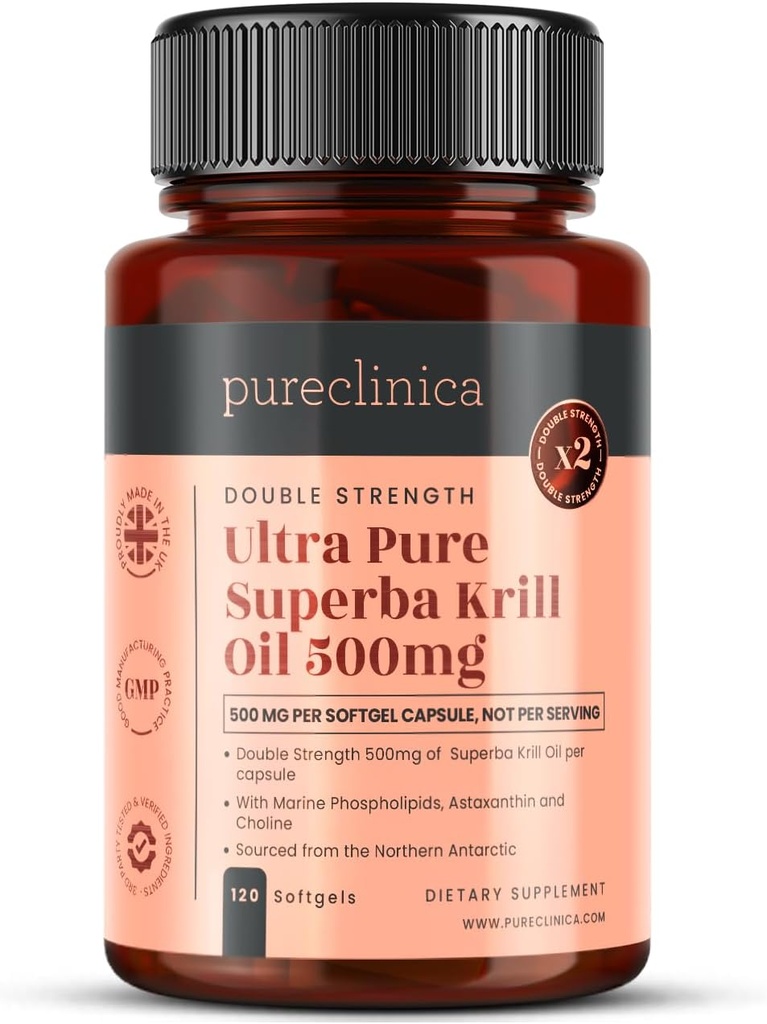 Ultra Pure Superba Krill Oil 500mg x 120 Κάψουλες - Πηγάζει στα Αμόλυντα Ύδατα της Ανταρκτικής Παρέχει μια πλούσια προσφορά Ασταξανθίνης, Ωμέγα 3 και βιταμίνη D